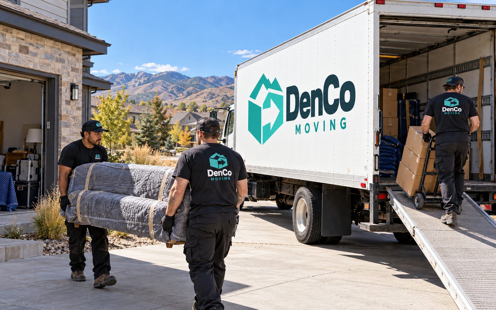 Two DenCo movers carrying a wrapped sofa to the DenCo Moving truck