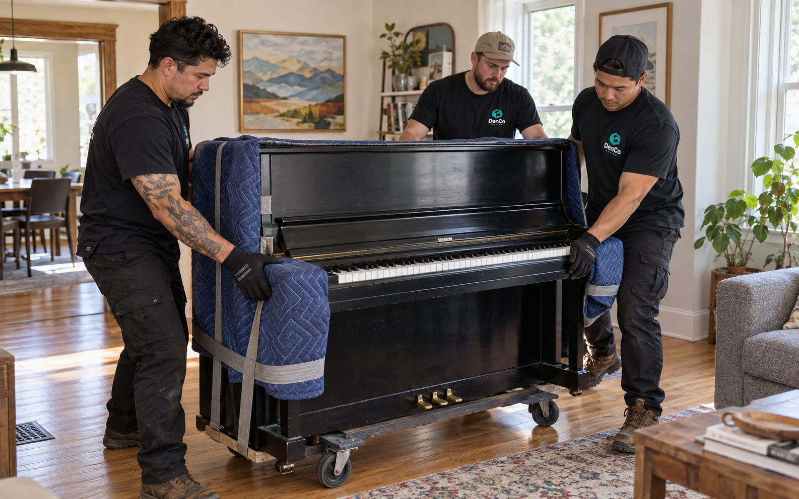 Three DenCo movers rolling a wrapped upright piano out of a living room